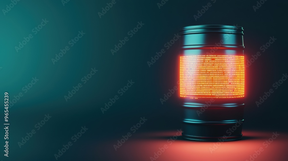 Futuristic Energy Consumption Visualization: Glowing Oil Barrel Hologram in Dark Theme Futuristic Energy Consumption Visualization: Glowing Oil Barrel Hologram in Dark Theme