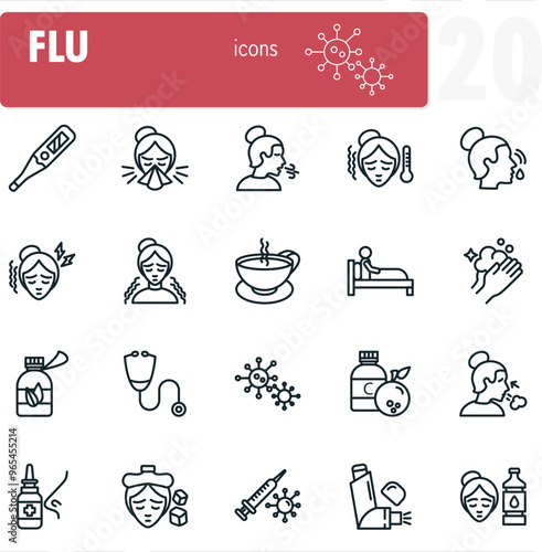 Twenty vector icons representing symptoms, prevention and treatment of the seasonal flu