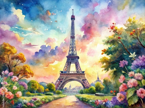 Vibrant watercolor depictions of the iconic iron lattice tower set against soft, whimsical backgrounds, capturing the essence of Parisian charm and romantic elegance.