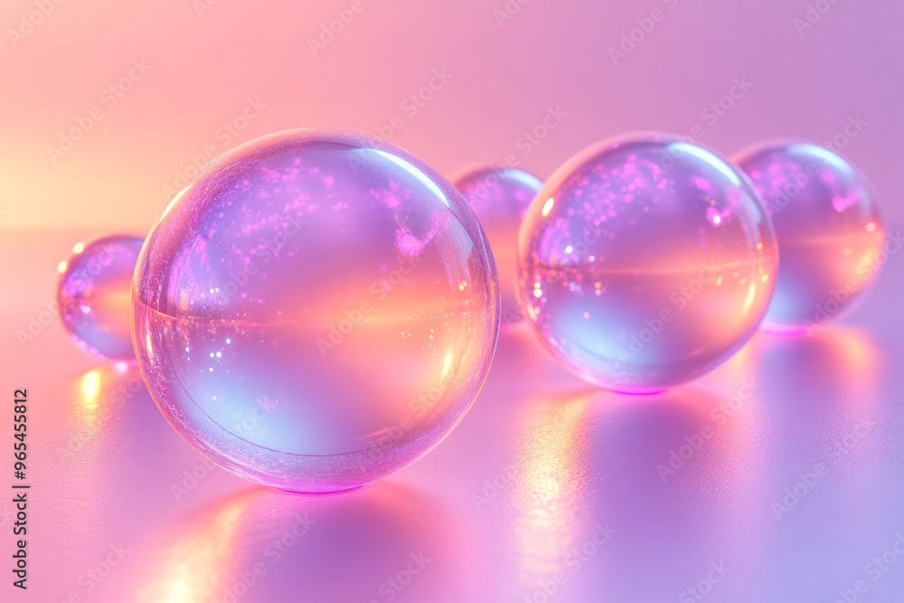 A series of floating 3D orbs with glowing edges and soft shadows, each illuminated by light trails in hues of purple and pink, isolated on a pastel beige background, A series of floating 3D orbs with glowing edges and soft shadows, each illuminated by light trails in hues of purple and pink, isolated on a pastel beige background,