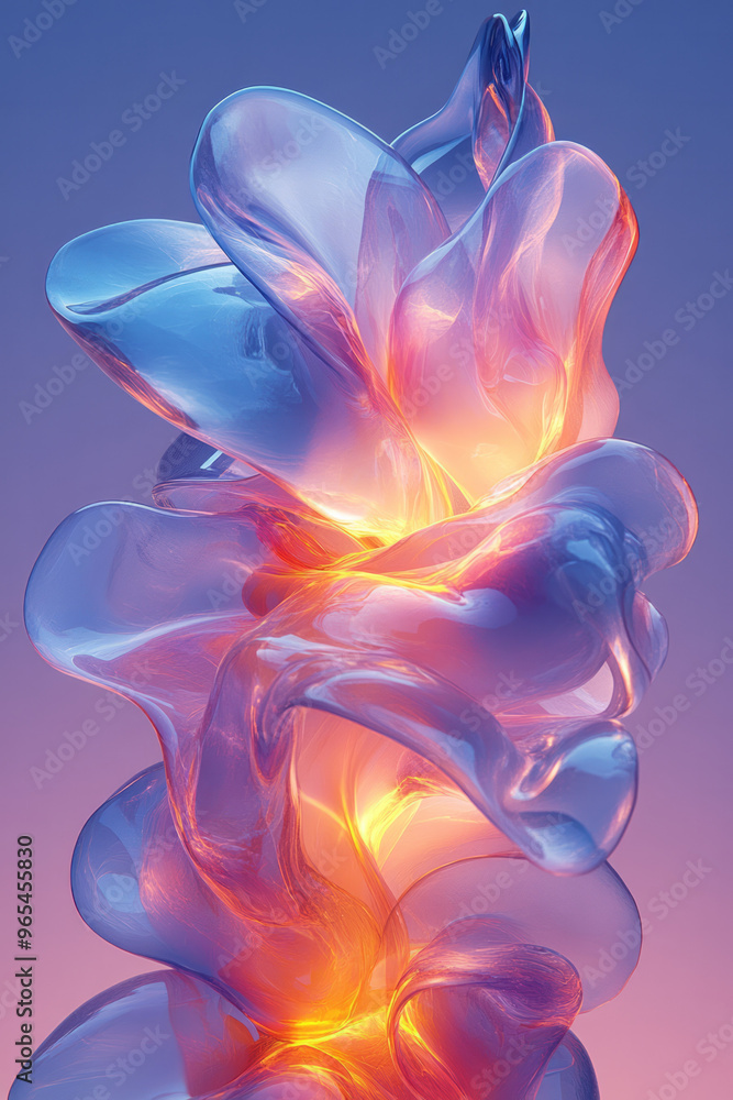 An abstract 3D composition of twisted, overlapping shapes with soft, distorted shadows and neon light streaks in shades of blue and yellow, set against a pastel lavender background, An abstract 3D composition of twisted, overlapping shapes with soft, distorted shadows and neon light streaks in shades of blue and yellow, set against a pastel lavender background,
