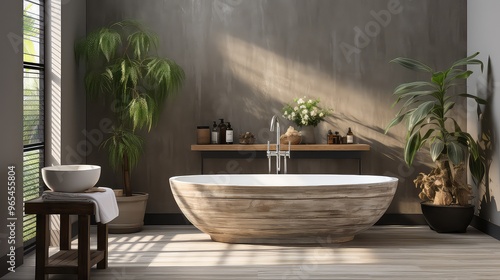 Bathroom interior with wooden floor, white bathtub and green plants