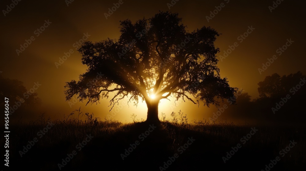 Fototapeta premium _Silhouette_of_a_tree_backlit_against_a_foggy background