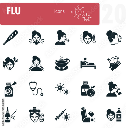 Flu symptoms and prevention icons showing treatment for virus