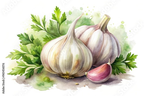 Vibrant watercolor illustration of a delicate garlic bulb with soft, feathery leaves and subtle texture, set against a creamy white background with gentle shadows.