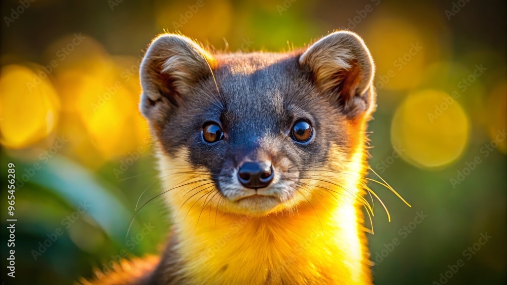 A stunning close-up portrait of a yellow-throated marten, its fur glistening in the warm sunlight, with bright yellow throat markings and piercing eyes. A stunning close-up portrait of a yellow-throated marten, its fur glistening in the warm sunlight, with bright yellow throat markings and piercing eyes.
