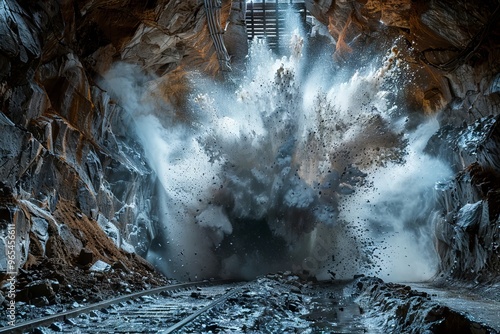 A breathtaking scene of an underground mine explosion with debris and dust flying, capturing the intense power and the dramatic impact of the blast within the enclosed space.