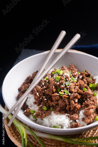 Food concept Korean  ground beef bowl on black background with copy space