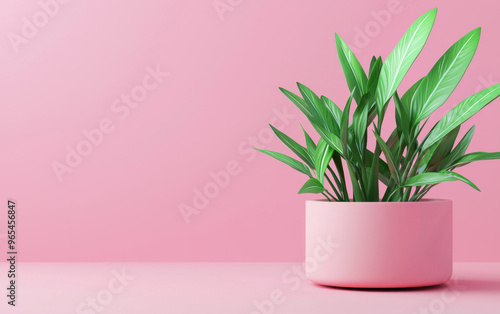 Green plant in a pink pot against a soft pink background. Perfect for interior decor themes and adding a touch of nature to your space.