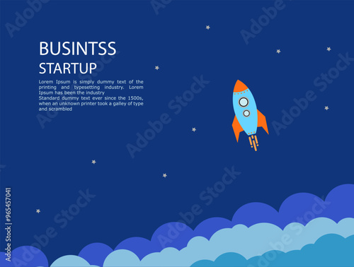 Blue rocket takes off into stars space . business startup text rocketdock,