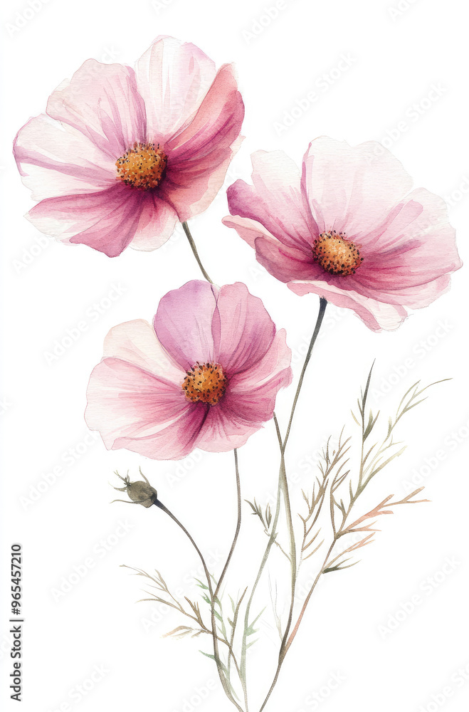 Simple watercolor delicate cosmos trio on a white background Simple watercolor delicate cosmos trio on a white background