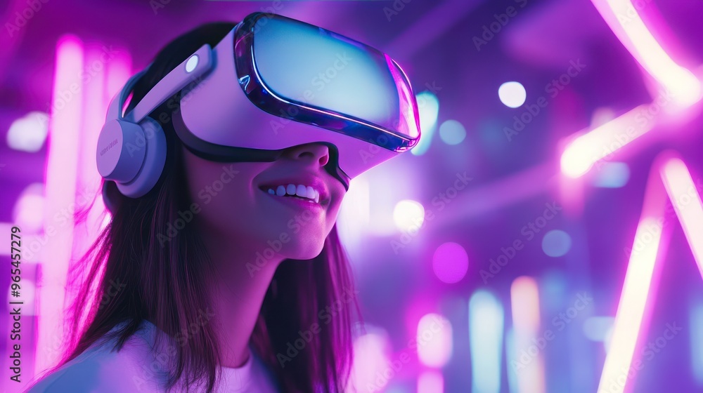 A young woman with a big smile uses a VR headset in a neon light environment. A young woman with a big smile uses a VR headset in a neon light environment.