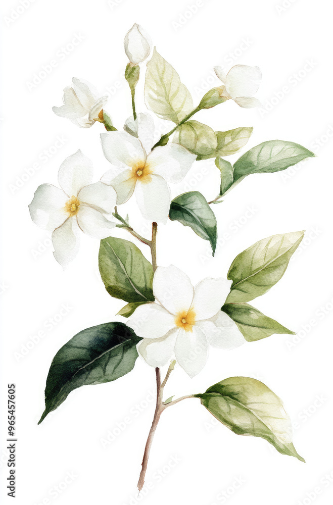 Obraz premium Simple watercolor delicate white jasmine flowers on a white background