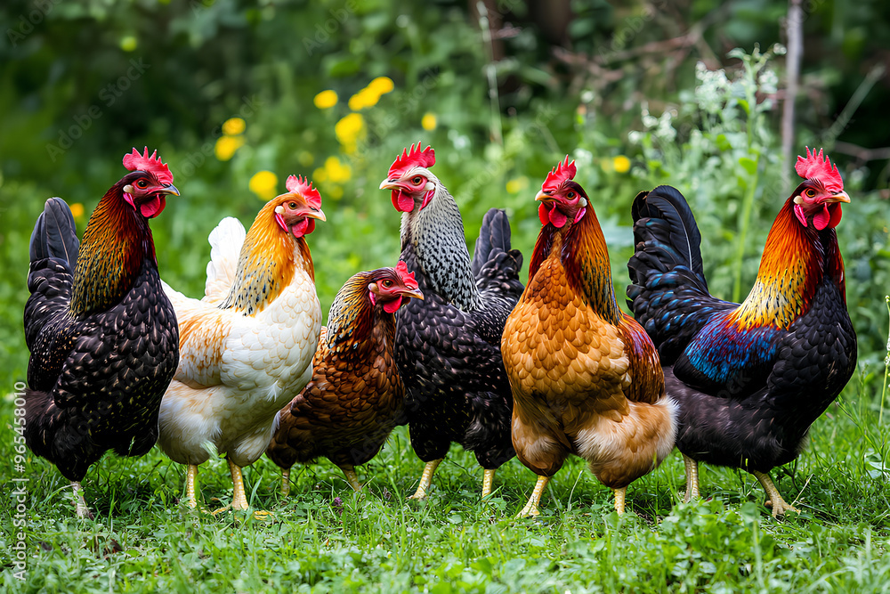 Fototapeta premium A group of colorful chickens standing together in a grassy area.