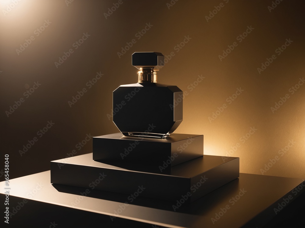 A matte black podium in a room illuminated by focused, golden lighting from above, casting soft shadows around a high-end perfume bottle, ideal for a sophisticated presentation A matte black podium in a room illuminated by focused, golden lighting from above, casting soft shadows around a high-end perfume bottle, ideal for a sophisticated presentation