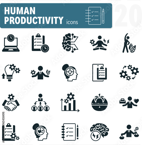 Set of icons showing different aspects of human productivity in business