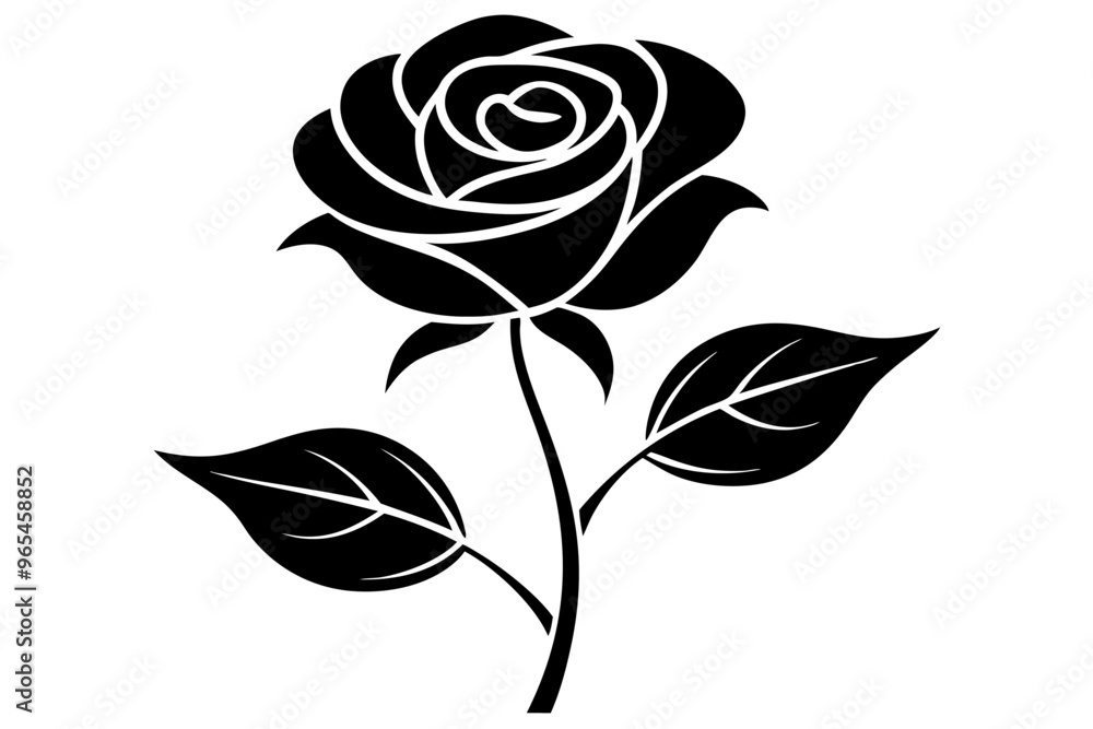 A black and white silhouette of a rose, with a single stem and leaves vector art illustration A black and white silhouette of a rose, with a single stem and leaves vector art illustration