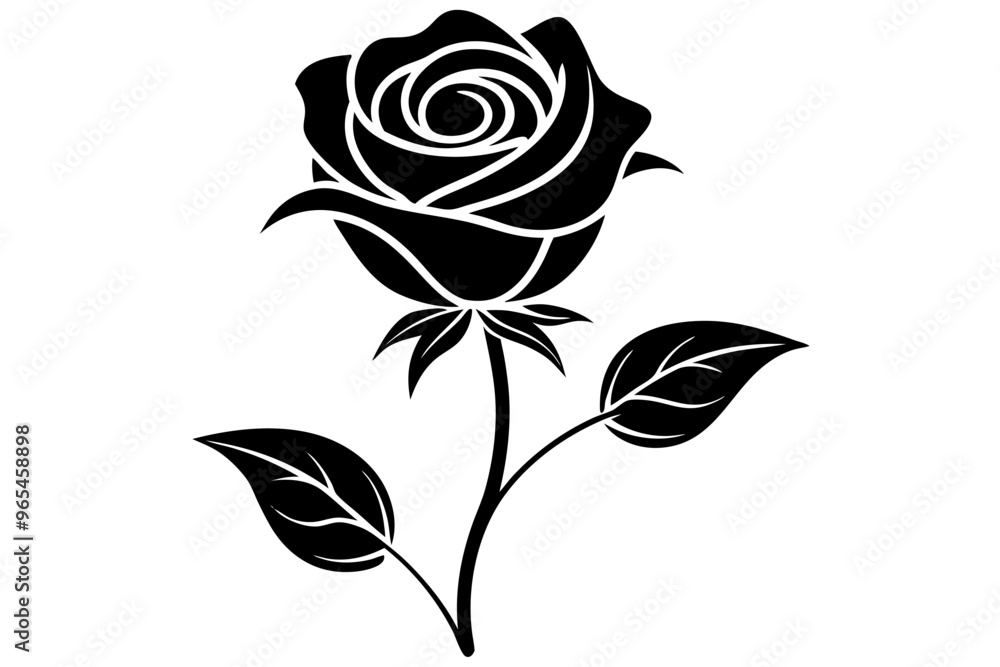A black and white silhouette of a rose, with a single stem and leaves vector art illustration A black and white silhouette of a rose, with a single stem and leaves vector art illustration