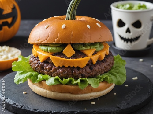 A spooky Halloween burger featuring a jack-o'-lantern pumpkin bun, topped with melted cheese and lettuce, makes for a festive and tasty treat. Perfect for a spooky season menu photo