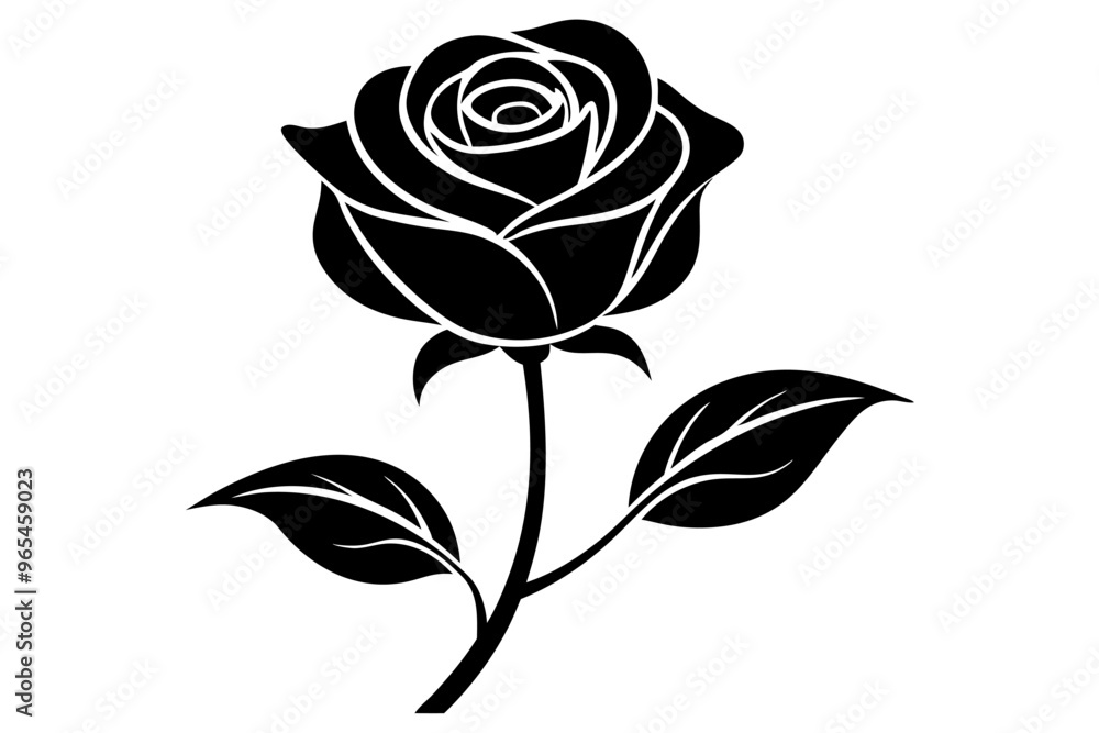 A black and white silhouette of a rose, with a single stem and leaves vector art illustration A black and white silhouette of a rose, with a single stem and leaves vector art illustration