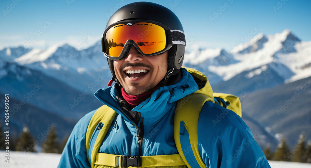 Excited Hispanic male skiing with mountain backdrop in winter holiday background Excited Hispanic male skiing with mountain backdrop in winter holiday background