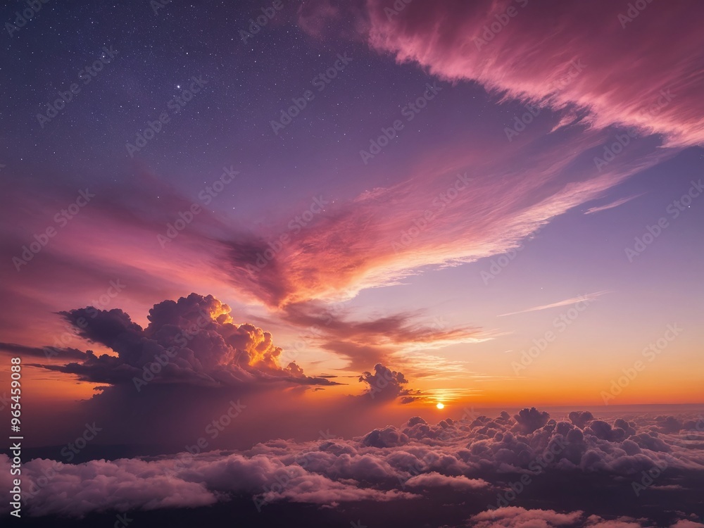 A vibrant sunrise unfolds as a large, orange sun bursts from behind fluffy clouds A vibrant sunrise unfolds as a large, orange sun bursts from behind fluffy clouds