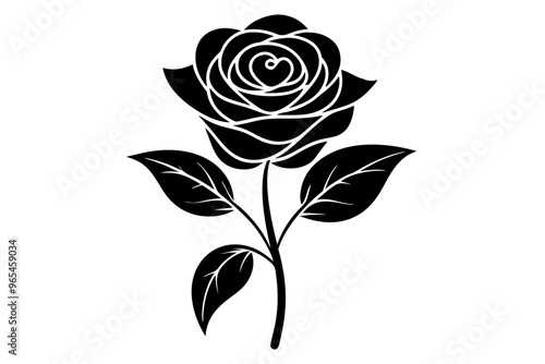 A black and white silhouette of a rose, with a single stem and leaves vector art illustration