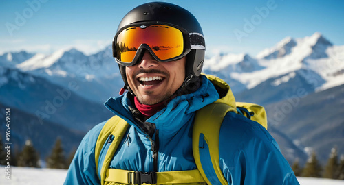 Excited Hispanic male skiing with mountain backdrop in winter holiday background