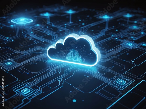 Cloud computing, cloud icon with data flow, white and blue, tech-themed background, digital circuits, high-tech imagery