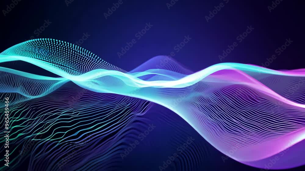 Blue holographic music signal transmitting and pulsing across the black background. Abstract technology 3D animation symbolized the pulse of information for corporative presentation or promo clip. Blue holographic music signal transmitting and pulsing across the black background. Abstract technology 3D animation symbolized the pulse of information for corporative presentation or promo clip.