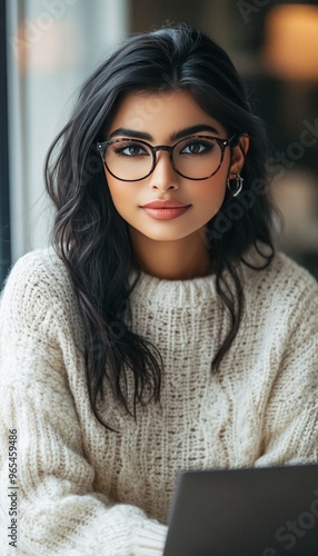 Free Download Confident young woman wearing eyeglasses working on laptop in modern office, enjoying work - GFXLoad