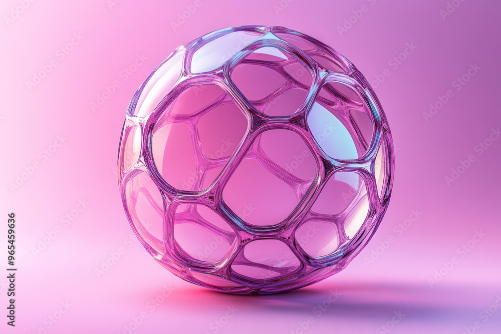 Naklejka premium An intricate 3D geometric orb composed of interlocking triangles and hexagons with a soft metallic sheen, casting complex shadows, set against a pastel lavender background,