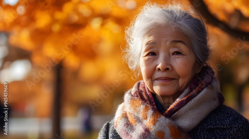 Elderly Woman Autumn Leaves Warm Scarf Nature Portrait Serenity Beauty