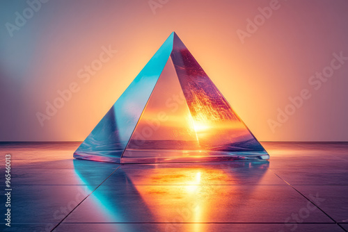 A 3D layered pyramid with stepped surfaces and metallic reflections in muted copper and teal tones, set against a pastel lavender background,