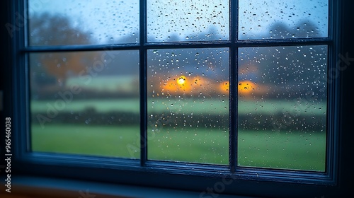 Rainy farmhouse kitchen window, slightly fogged, with raindrops glistening on the glass. Outside, a peaceful countryside landscape drenched in rain, with soft, muted tones. photo