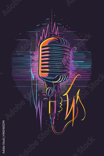 Energetic Microphone with Pulsating Audio Waves and Electric Lightnings for Music Show or Radio Station Logo