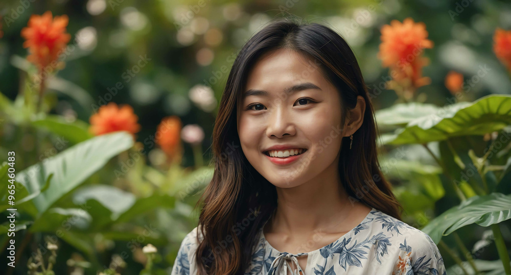 Happy Asian female in tropical garden during sunny day background Happy Asian female in tropical garden during sunny day background