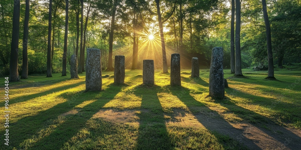 Fototapeta premium Sunlight streams through trees onto ancient stone pillars.
