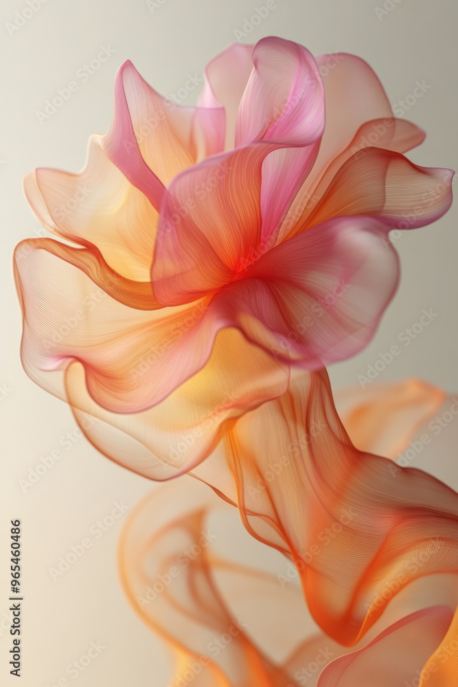 A floating 3D organic shape with smooth, flowing lines and a soft gradient from pink to orange, casting soft shadows, isolated on a pastel beige background, A floating 3D organic shape with smooth, flowing lines and a soft gradient from pink to orange, casting soft shadows, isolated on a pastel beige background,