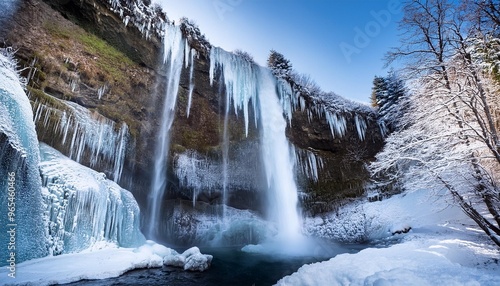 Frozen waterfall with snow