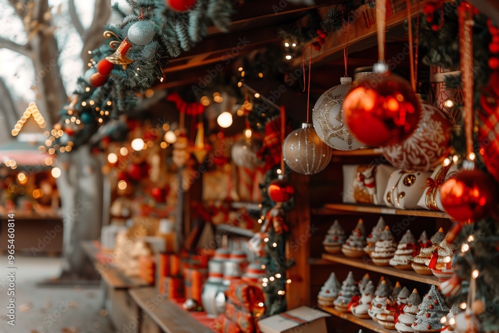 Christmas craft stall with many decorative objects for sale. Christmas background. Christmas craft stall with many decorative objects for sale. Christmas background.