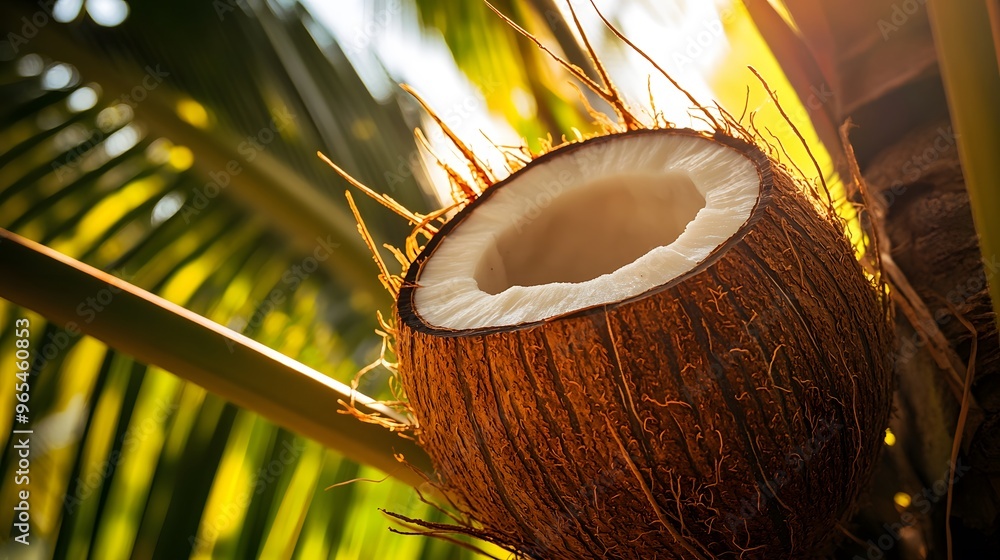 Close-up of a coconut in a palm tree, rough brown husk with fibrous texture, warm sunlight casting sharp shadows, detailed patterns in the fibers and leaves, exotic and beachy mood Close-up of a coconut in a palm tree, rough brown husk with fibrous texture, warm sunlight casting sharp shadows, detailed patterns in the fibers and leaves, exotic and beachy mood
