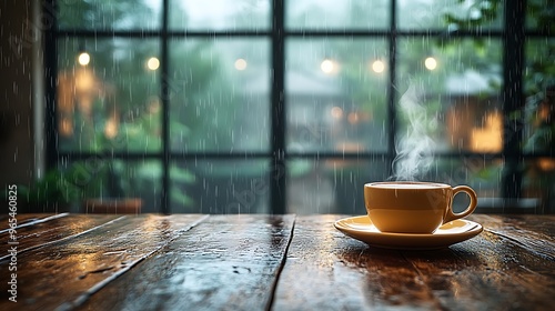 Rustic wooden farmhouse table with a steaming cup of coffee, rain gently falling outside the large window. The diffused morning light adds a peaceful and cozy ambiance to the scene, photo