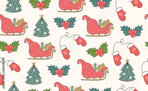 Funny Christmas seamless pattern in trendy Groovy Retro 70s style. Retro style cartoon character. Cute Rowan Branch, Christmas Tree, Poinsettia, Santa Claus Sleigh, Mittens. Vector illustration.