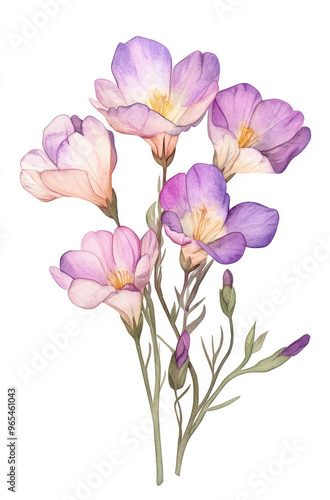 Simple watercolor pastel freesia bouquet on a white background