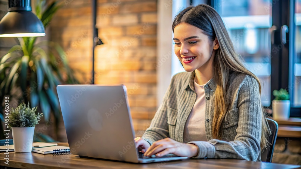 Smiling woman using laptop in trendy industrial-style workspace.. Smiling woman using laptop in trendy industrial-style workspace..