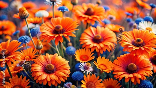 Vibrant field of orange and blue wildflowers in full bloom..