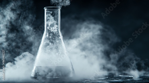 Detailed shot of a steaming Erlenmeyer flask, captured with a Nikon Z6 II and a 105mm macro lens, illustrating active chemical reactions photo