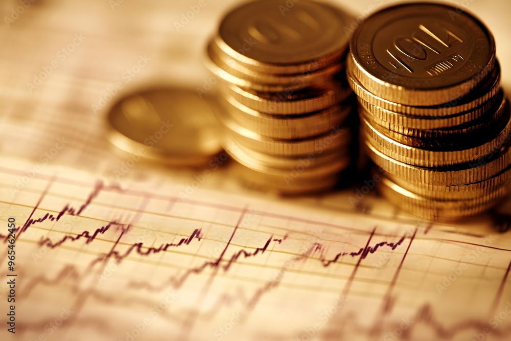 A stack of coins sits on top of a graph with a downward trend A stack of coins sits on top of a graph with a downward trend