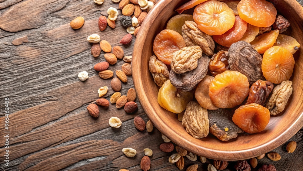 Dried Fruit and Nuts Mix in Wooden Bowl on Rustic Wood Surface.. Dried Fruit and Nuts Mix in Wooden Bowl on Rustic Wood Surface..